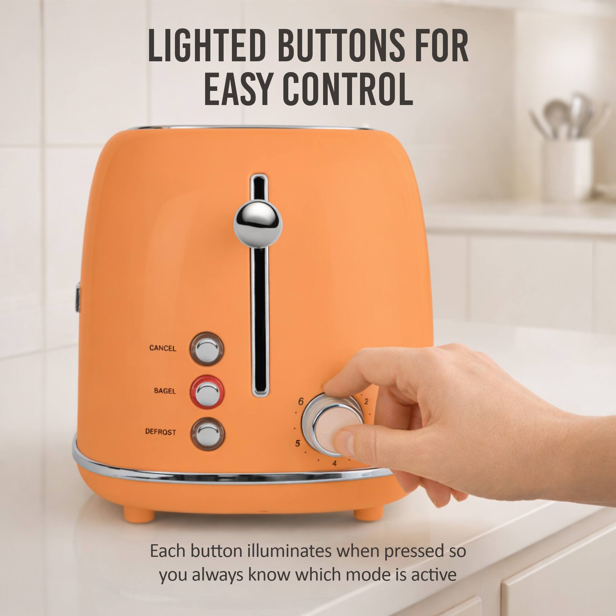 LIGHTED BUTTONS FOR EASY CONTROL

CANCEL BAGEL 6 2 DEFROST 5 4

Each button illuminates when pressed so you always know which mode is active