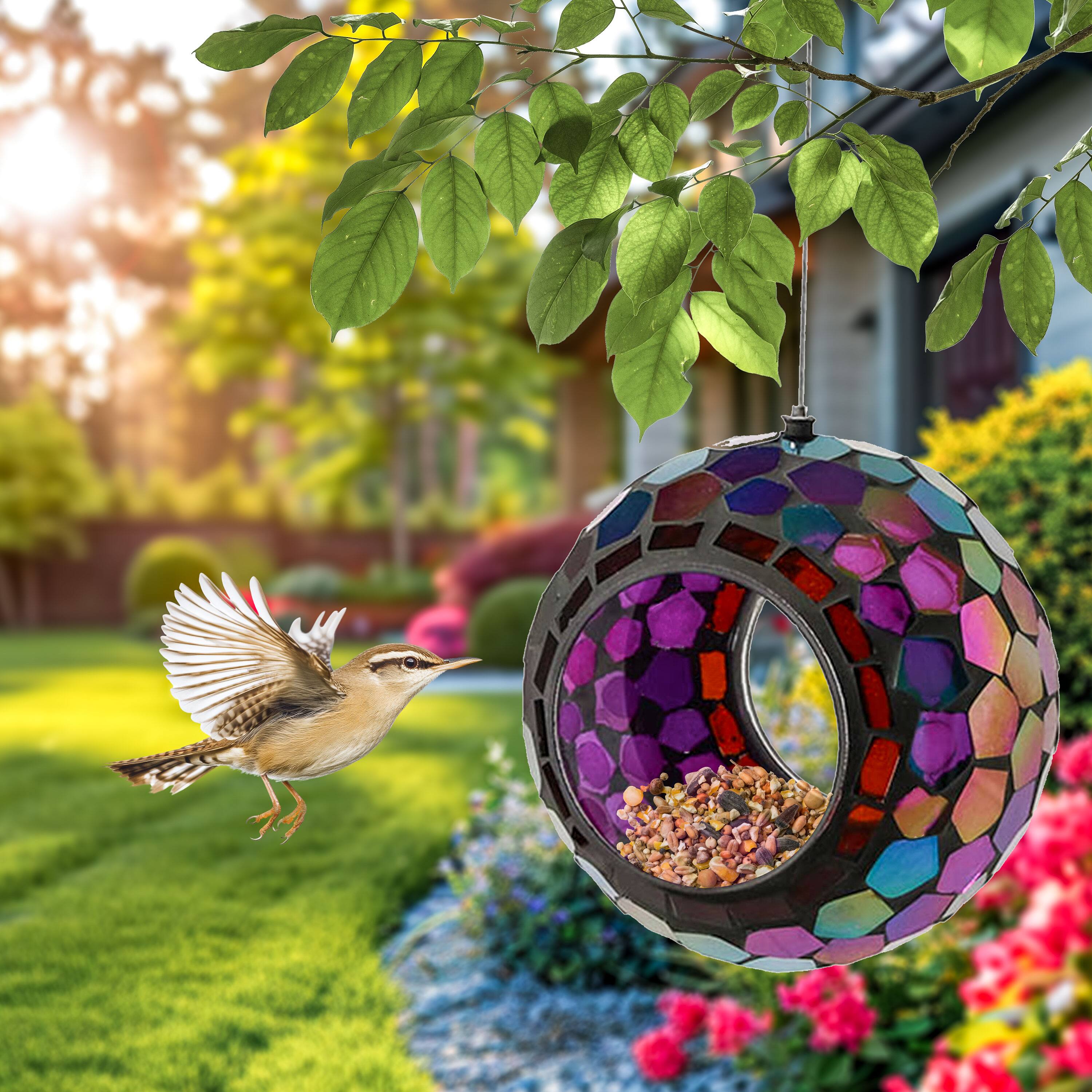 Alt View 7. Sunnydaze - Round Mosaic Fly-Through Hanging Bird Feeder - 6 in - Iridescent Purple Mosaic.