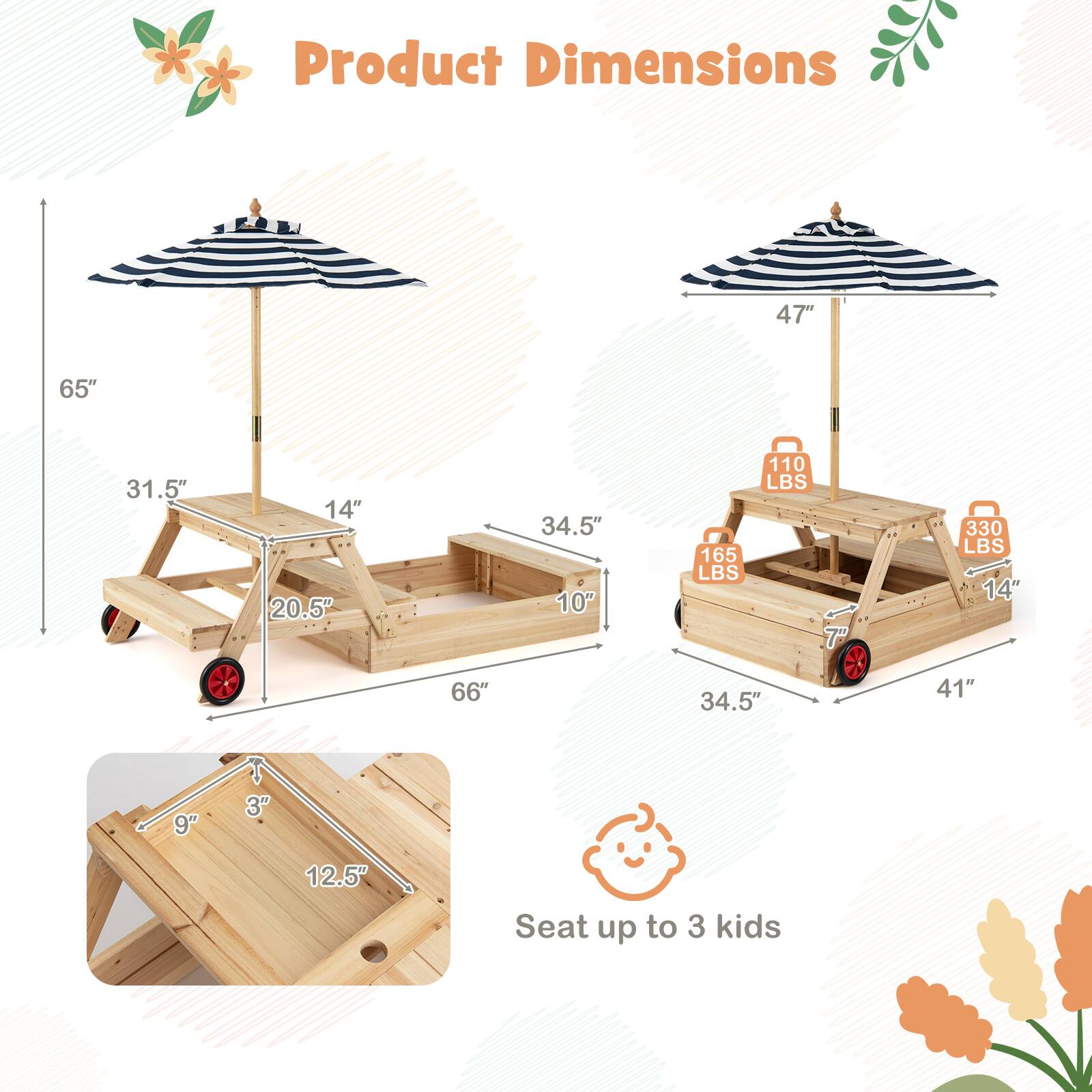 Product Dimensions

- 47" (height of the umbrella)
- 65" (height of the structure)
- 31.5" (width of the table)
- 14" (depth of the table)
- 20.5" (width of the base)
- 66" (length of the base)
- 34.5" (width of the base)
- 10" (height of the base)
- 110 LBS (weight capacity of the smaller table)
- 165 LBS (weight capacity of the larger table)
- 330 LBS (weight capacity of the larger table)
- 14" (depth of the larger table)
- 41" (length of the larger table)
- 9" (depth of the seat)
- 3" (height of the seat)
- 12.5" (width of the seat)

Seat up to 3 kids