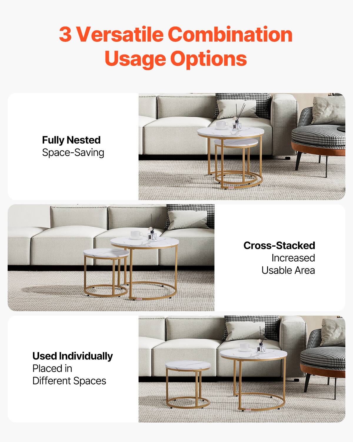 3 Versatile Combination Usage Options

Fully Nested Space-Saving

Cross-Stacked Increased Usable Area

Used Individually Placed in Different Spaces