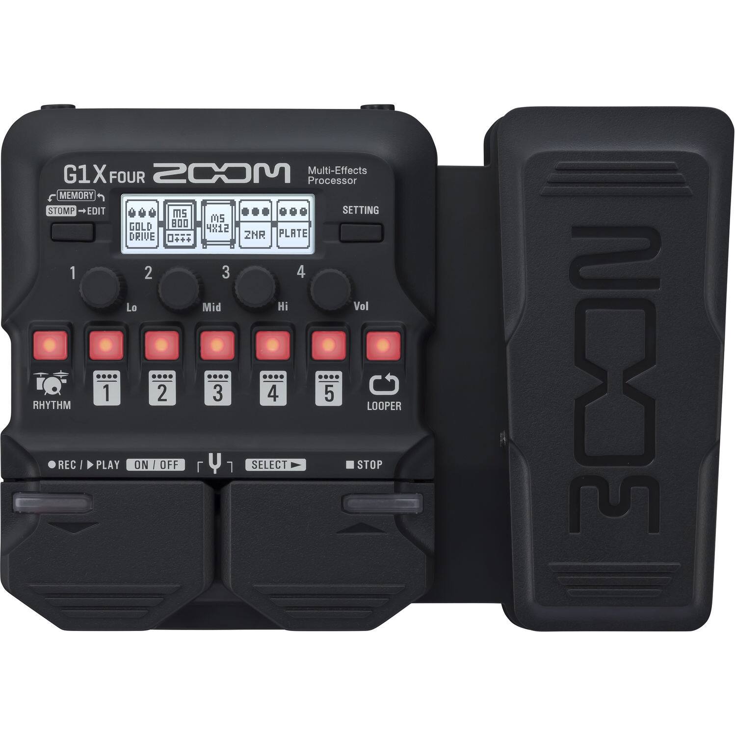 G1X FOUR Multi-Effects Processor MEMORY STOMP EDIT Ms SETTING m5 GOLD 800 4X12 DRIVE ZNR PLATE .+. 1 2 3 4 Lo Mid Hi Vol .... .... .... .... 1 2 3 4 5 RHYTHM LOOPER REC PLAY ON I OFF  Y  SELECT STOP