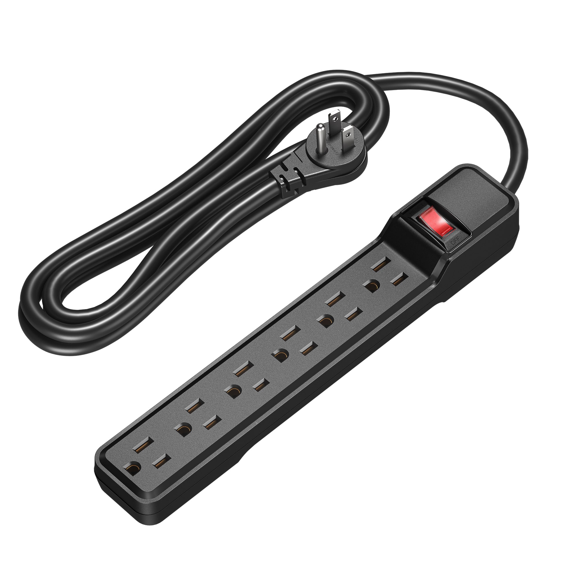 DEWENWILS - 6-Outlet Power Strip Surge Protector with 10 Foot Long Extension Cord, Low Profile Flat Plug, 15 Amp Circuit B - Black