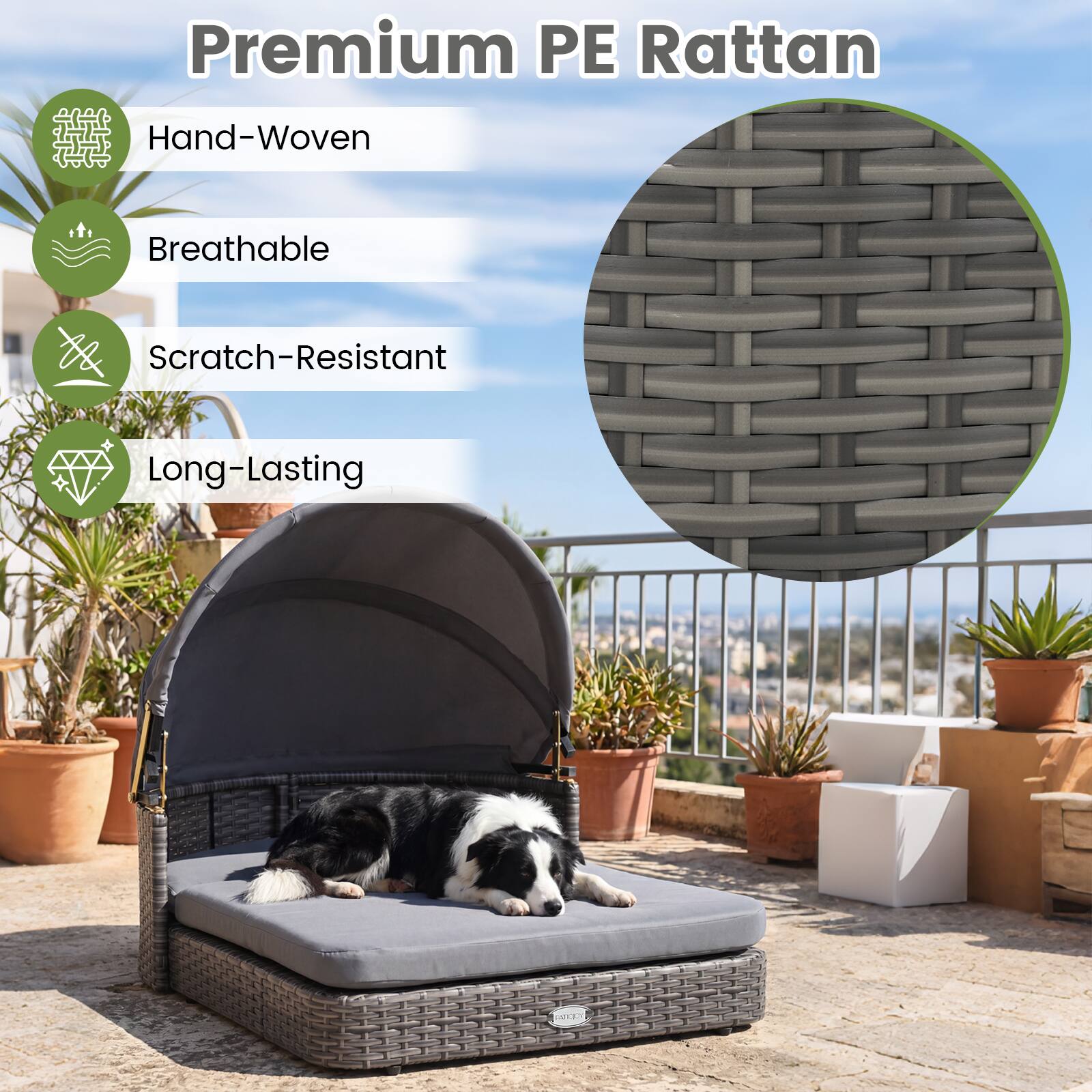 Premium PE Rattan

- Hand-Woven
- Breathable
- Scratch-Resistant
- Long-Lasting