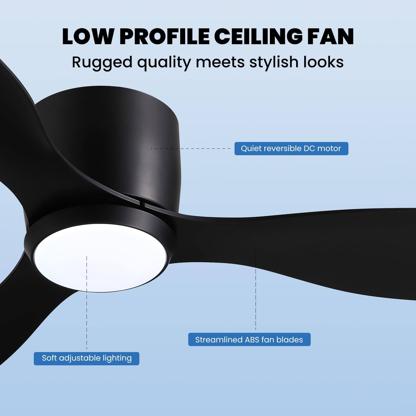 LOW PROFILE CEILING FAN  
Rugged quality meets stylish looks  

- Quiet reversible DC motor  
- Streamlined ABS fan blades  
- Soft adjustable lighting