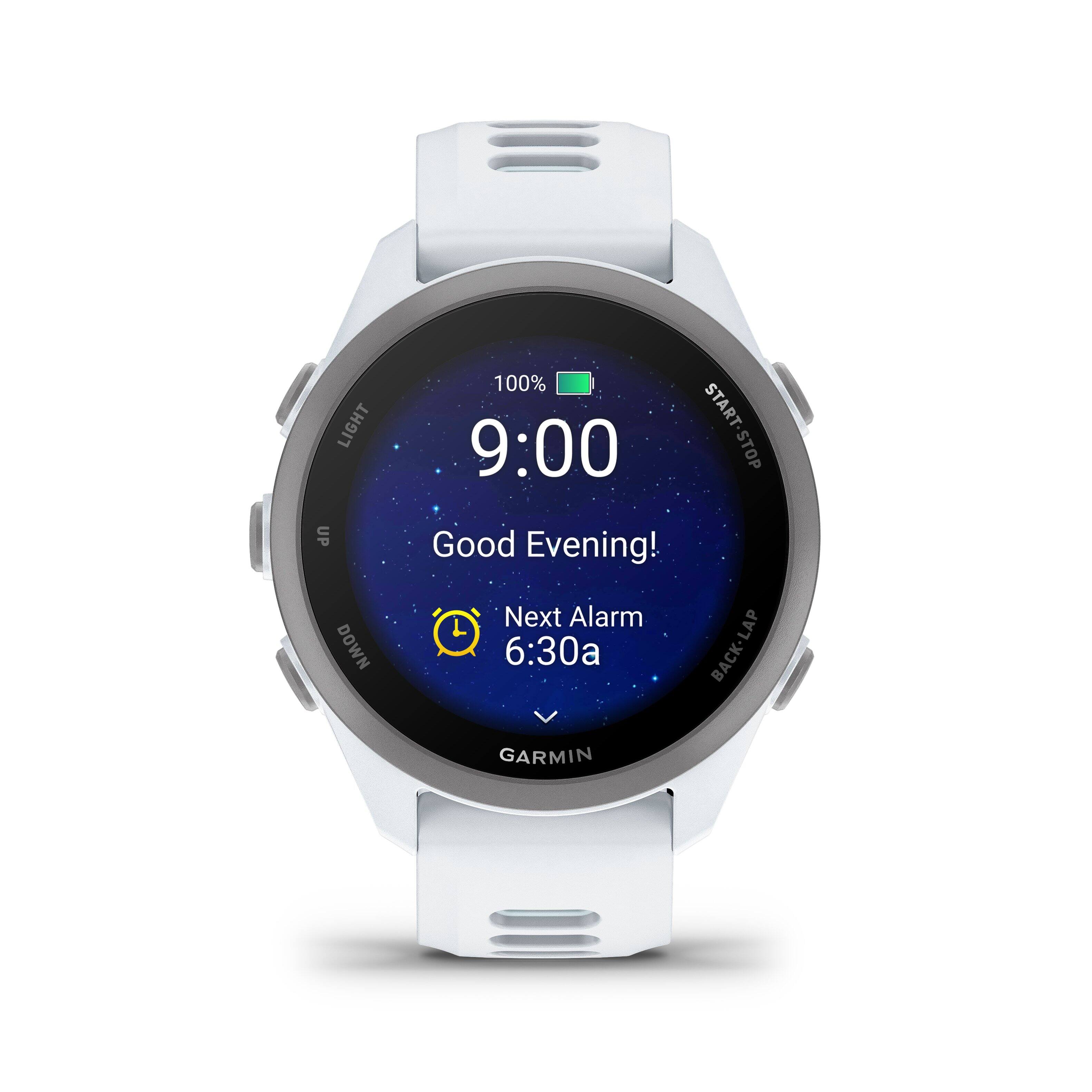LIGHT UP DOWN 100% START-STOP START 9:00 STOP Good Evening! Next Alarm 6:30a BACK-LAP GARMIN