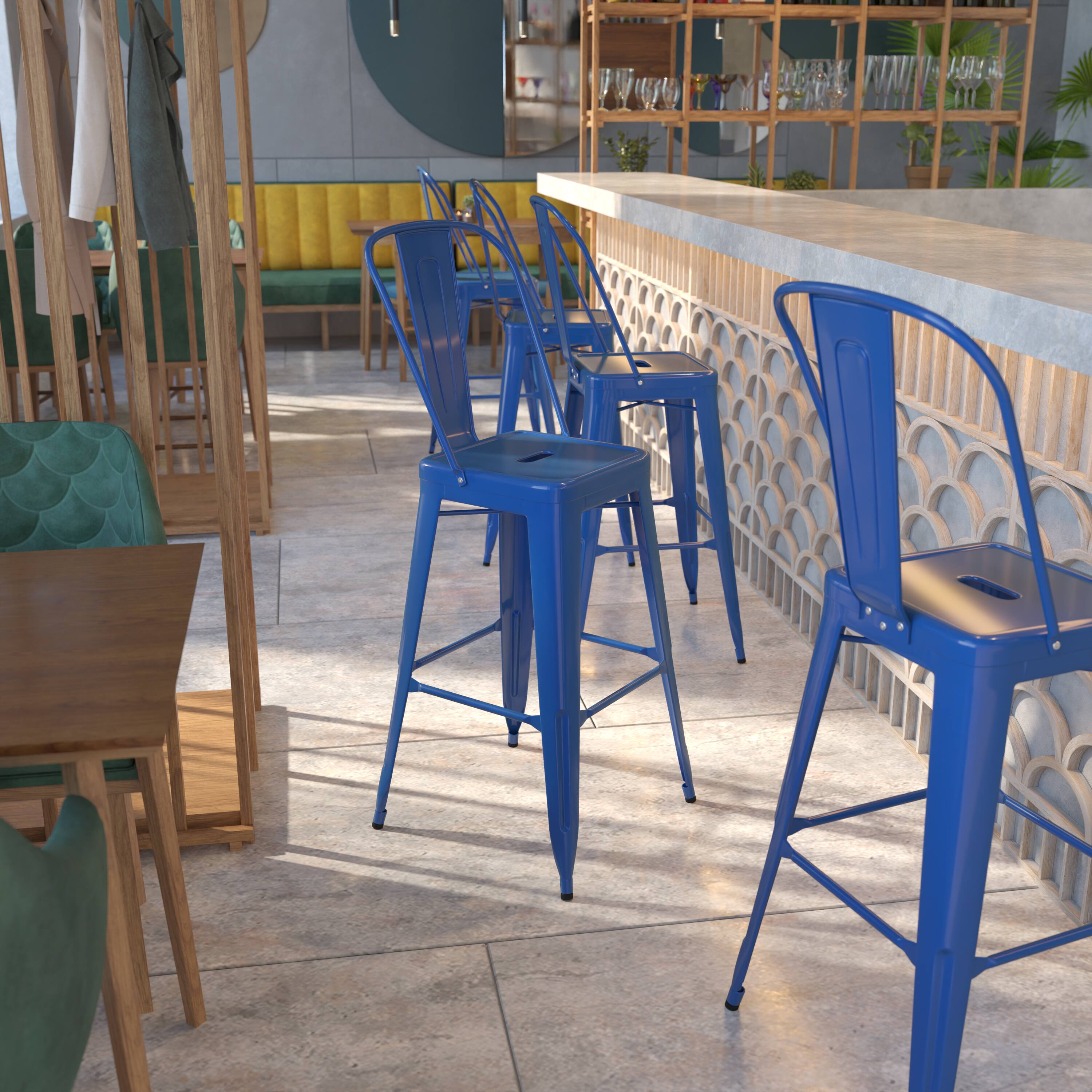 Alt View 1. Emma + Oliver - Commercial Grade 30"H Colorful Metal Indoor-Outdoor Barstool with Back - Blue.
