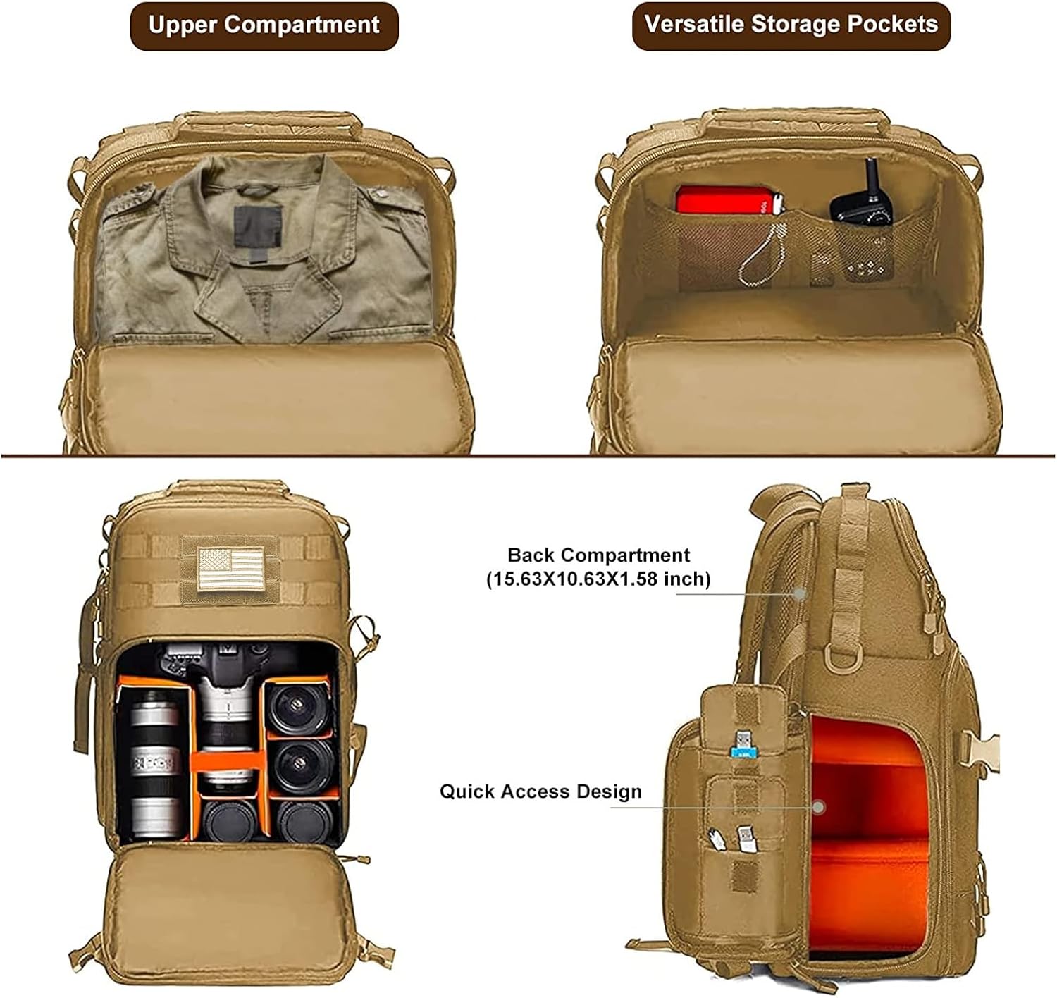 Upper Compartment  
Versatile Storage Pockets  
Back Compartment (15.63X10.63X1.58 inch)  
Quick Access Design
