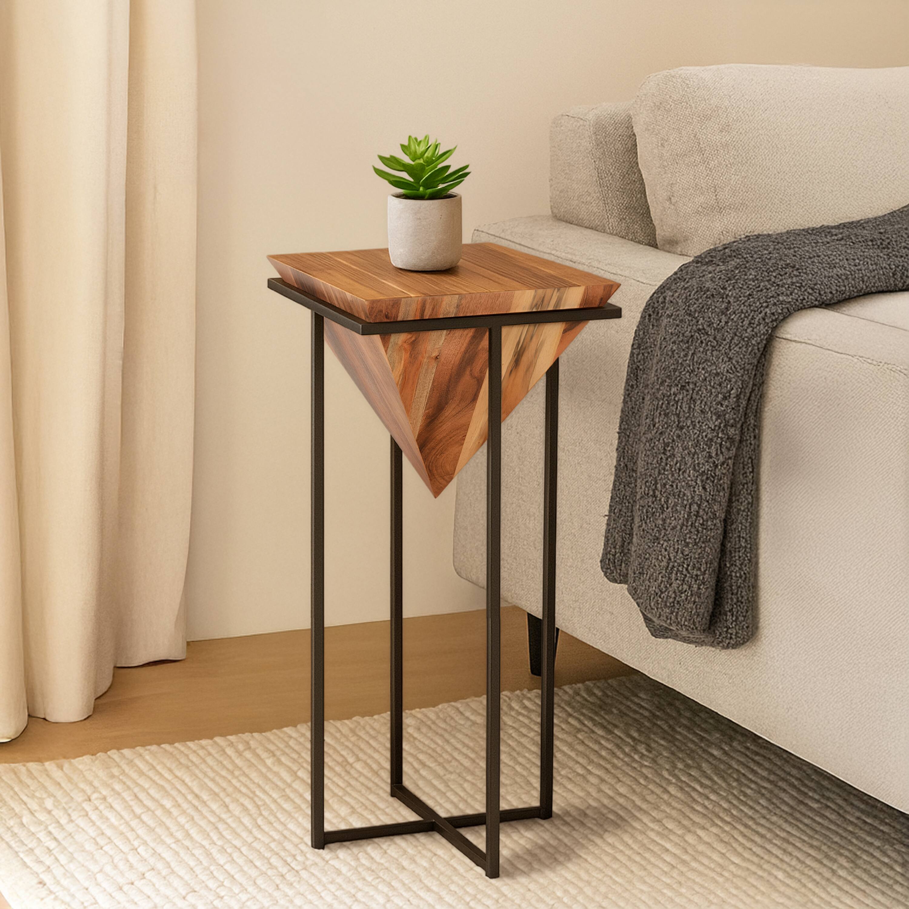 Alt View 6. Manhattan Lane - 30 Inch Pyramid Shape Acacia Wood Side Table With Cross Iron Base - Brown and Black.