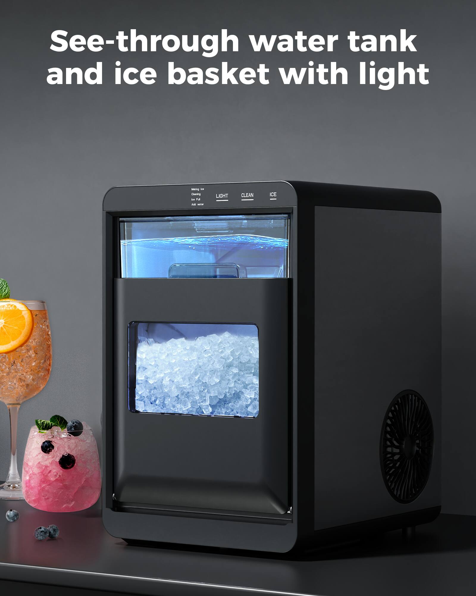 See-through water tank and ice basket with light