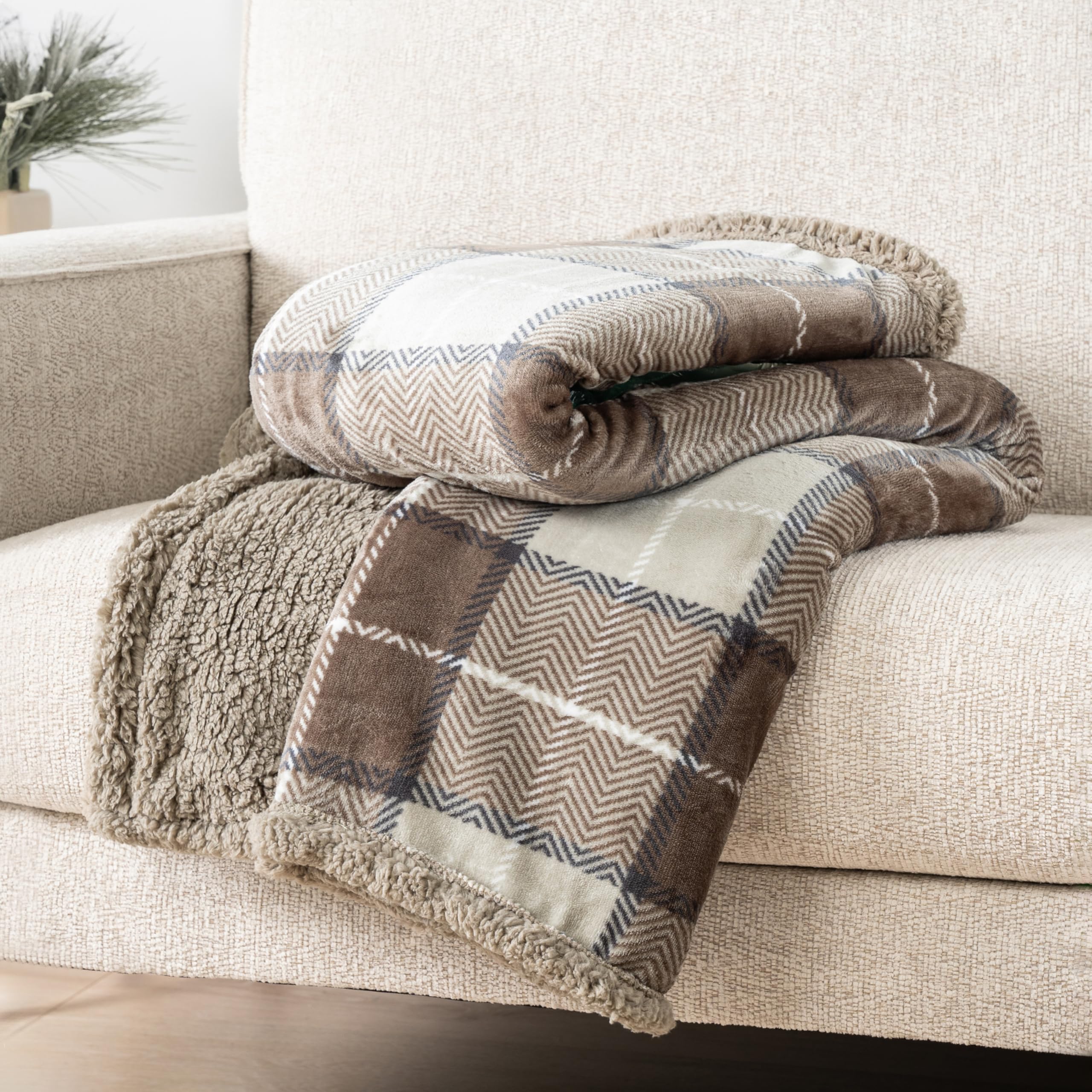 Alt View 4. Alchemy Casas - Taupe Plaid Sherpa Throw Blanket For Couch Twins Soft Fuzzy Cabin And Throws Warm Cozy Winter Gift - Melange Latte 50 x 60 Inches.