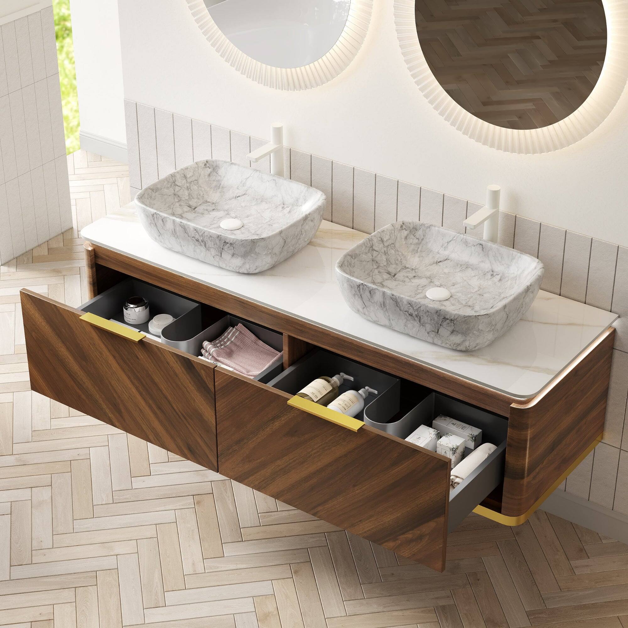 Alt View 3. Boyel Living - 60 Bathroom Vanity with 2 Drawers Sensor Light 2 Marble Pattern Ceramic Vessel Basins Sintered Stone Dark Walnut - Carrara White,Dark Walnut,Stone White.