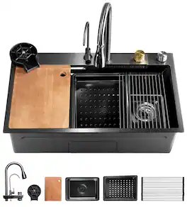 SereneLife - SL7546BK Stainless Steel Kitchen Sink, Modern, Includes Faucet, Drain Rack, Cup Washer - Black