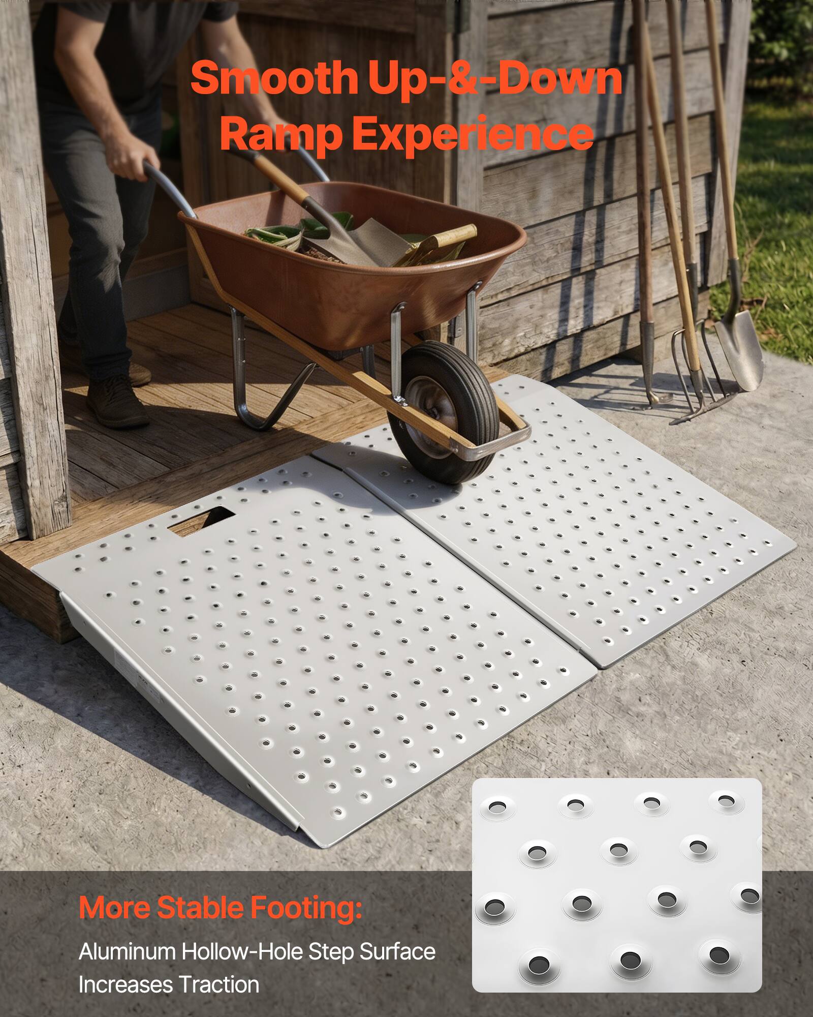 Smooth Up-&-Down Ramp Experience

More Stable Footing:
Aluminum Hollow-Hole Step Surface Increases Traction