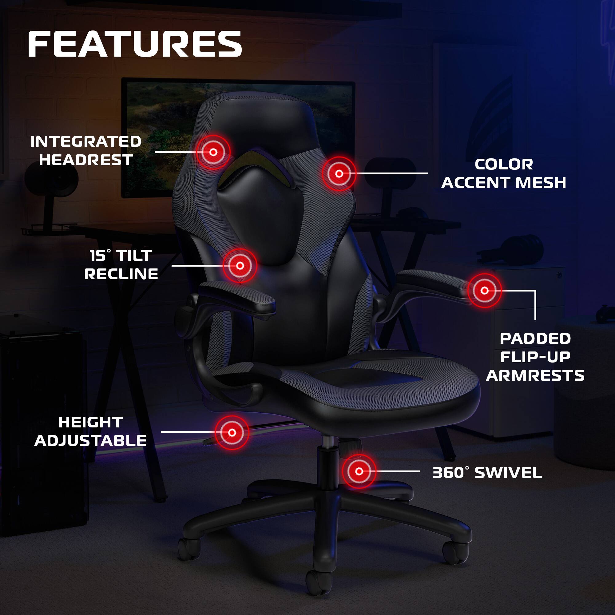 Sure, here is the corrected and grouped text from the image:

**FEATURES**

- **INTEGRATED HEADREST**
- **15° TILT RECLINE**
- **HEIGHT ADJUSTABLE**
- **360° SWIVEL**
- **COLOR ACCENT MESH**
- **PADDED FLIP-UP ARMRESTS**