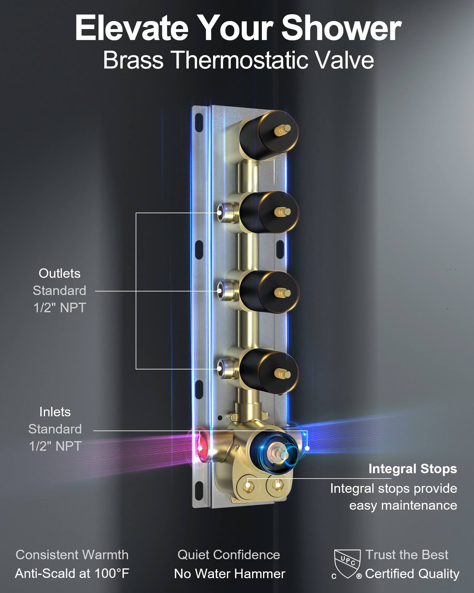 Elevate Your Shower  
Brass Thermostatic Valve  

Outlets  
Standard 1/2" NPT  

Inlets  
Standard 1/2" NPT  

Integral Stops  
Integral stops provide easy maintenance  

Consistent Warmth  
Anti-Scald at 100°F  

Quiet Confidence  
No Water Hammer  

Trust the Best  
UPC R Certified Quality