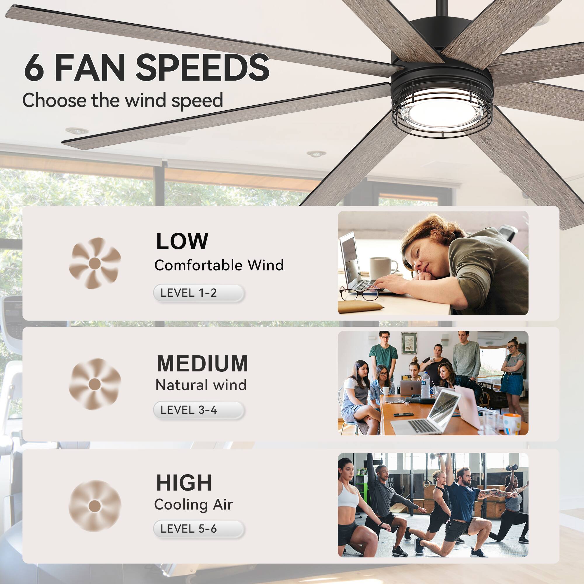 6 FAN SPEEDS  
Choose the wind speed

LOW  
Comfortable Wind  
LEVEL 1-2

MEDIUM  
Natural wind  
LEVEL 3-4

HIGH  
Cooling Air  
LEVEL 5-6