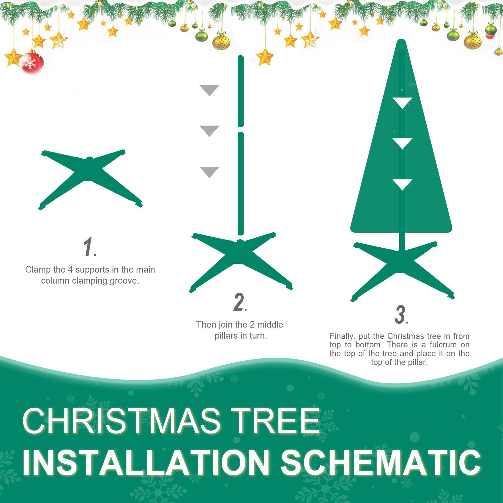 1. Clamp the 4 supports in the main column clamping groove.

2. Then join the 2 middle pillars in turn.

3. Finally, put the Christmas tree in from top to bottom. There is a fulcrum on the top of the tree and place it on the top of the pillar.

CHRISTMAS TREE INSTALLATION SCHEMATIC