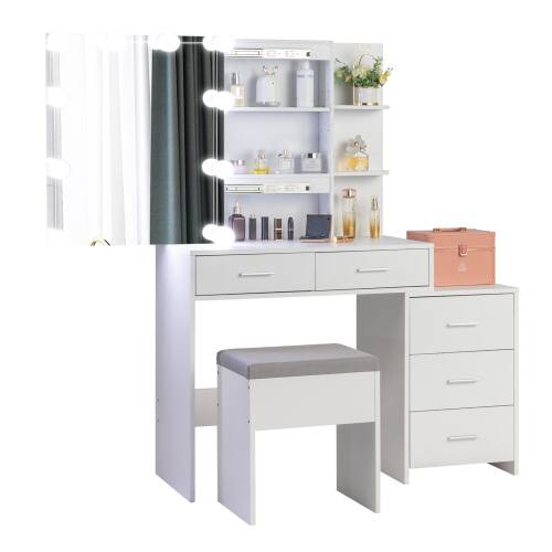 Alt View 2. Winado - Vanity Makeup Table Dressing Desk Set Open Shelves 5 Drawers Cabinet 10 LED Lighted Bulbs Sliding Mirror with Stool Set - White.