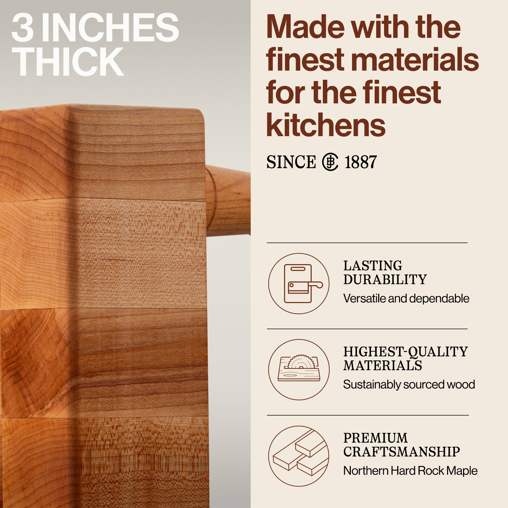 3 INCHES THICK

Made with the finest materials for the finest kitchens

SINCE 1887

LASTING DURABILITY
Versatile and dependable

HIGHEST-QUALITY MATERIALS
Sustainably sourced wood

PREMIUM CRAFTSMANSHIP
Northern Hard Rock Maple