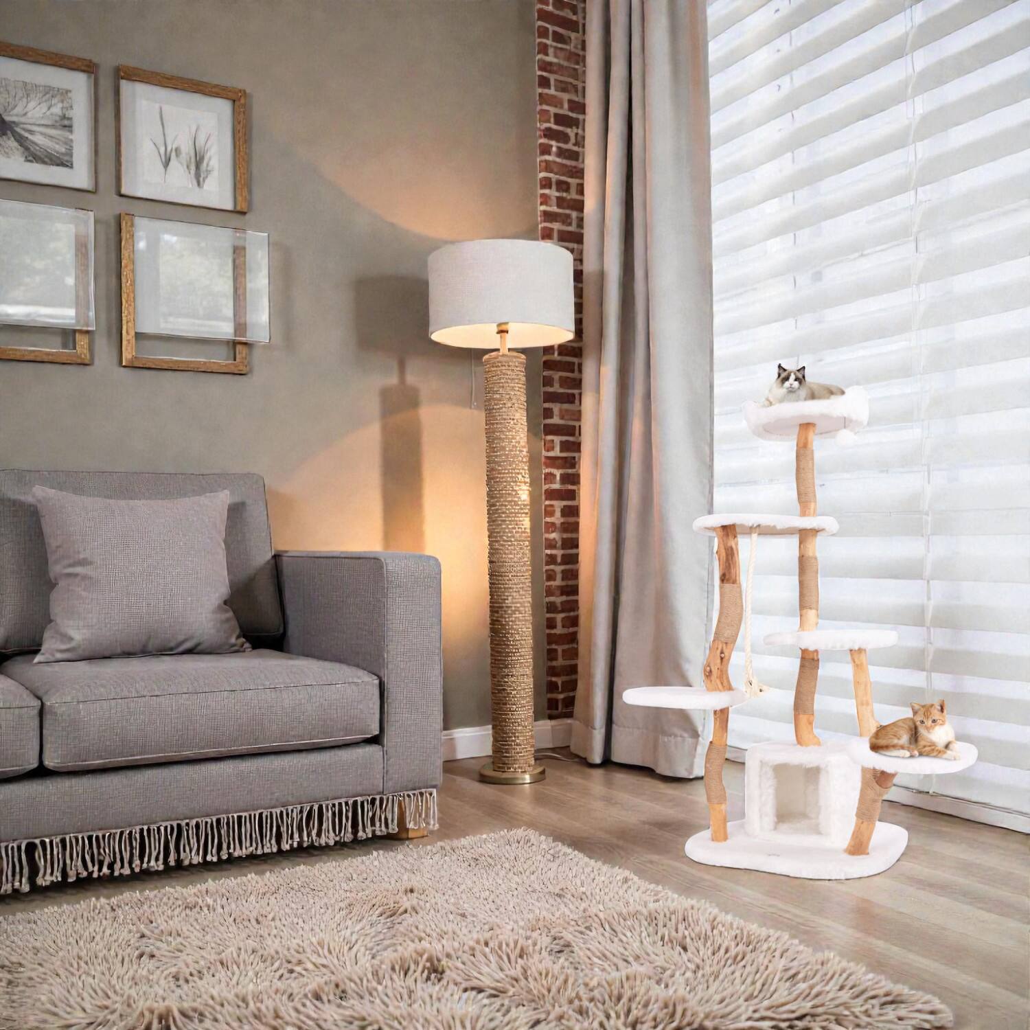 Front. BreeBe - Tall 66" Wooden Cat Tree Featuring Sturdy Construction and Perch - White.