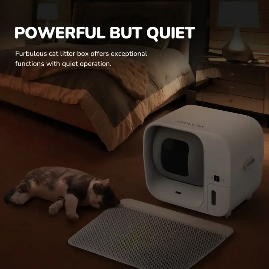 The text on the image reads, "Powerful but quiet. Furbulous cat litter box offers exceptional functions with quiet operation."