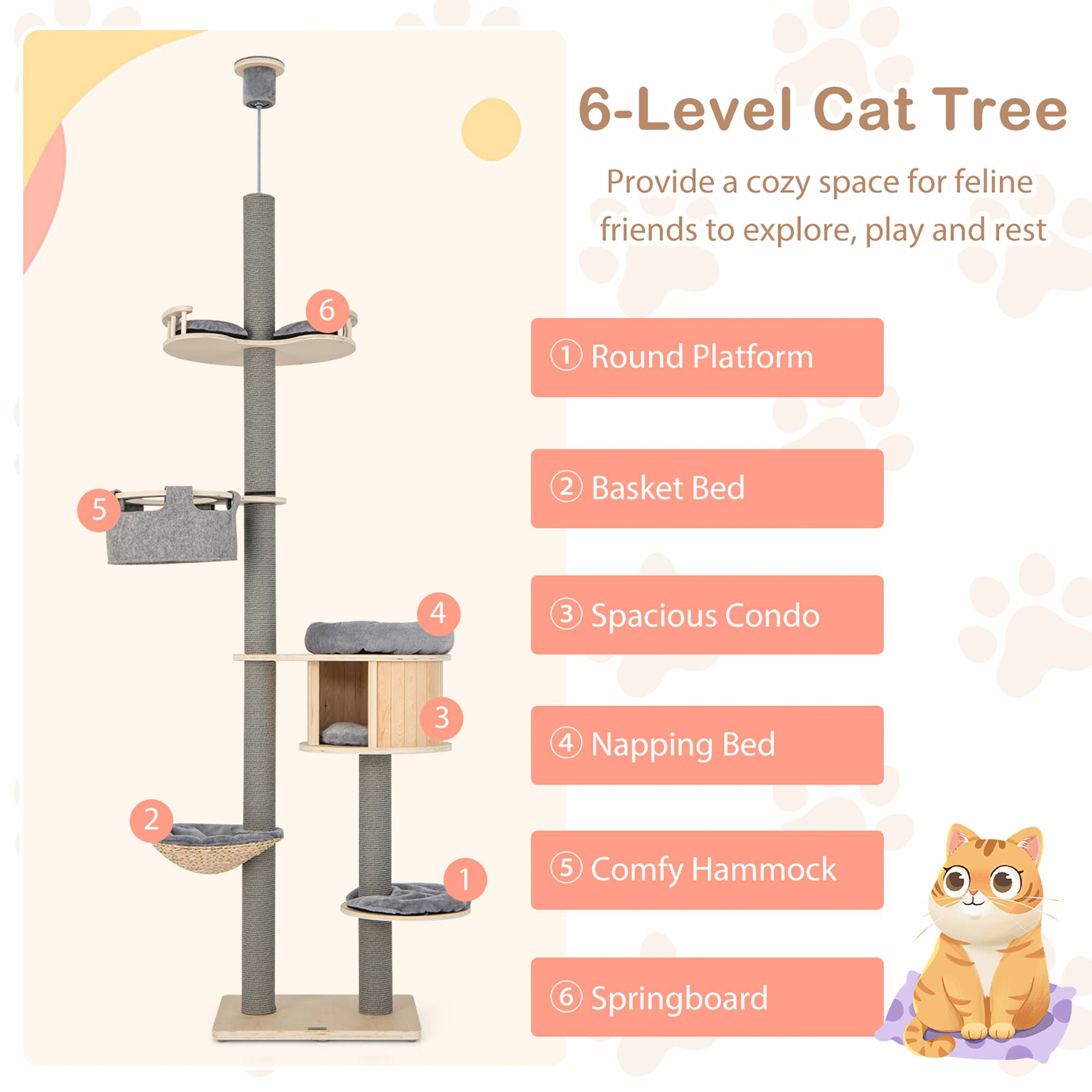 6-Level Cat Tree  
Provide a cozy space for feline friends to explore, play and rest  

1. Round Platform  
2. Basket Bed  
3. Spacious Condo  
4. Napping Bed  
5. Comfy Hammock  
6. Springboard