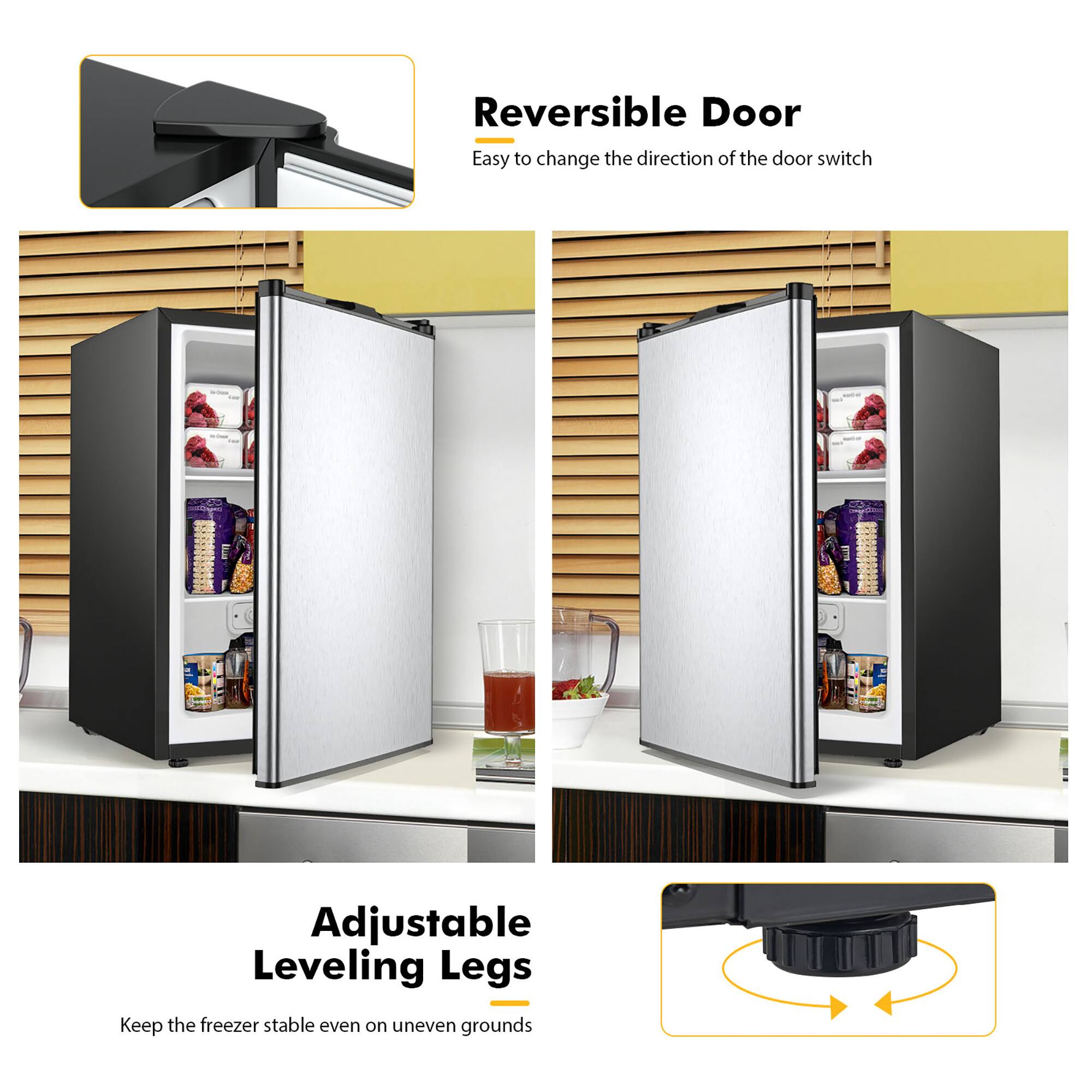 The text on the image is grouped as follows:
1. Reversible Door: Easy to change the direction of the door switch.
2. Adjustable Leveling Legs: Keep the freezer stable even on uneven grounds.
The corrected text is:
1. Reversible Door: Easy to change the direction of the door switch.
2. Adjustable Leveling Legs: Keep the freezer stable even on uneven grounds.