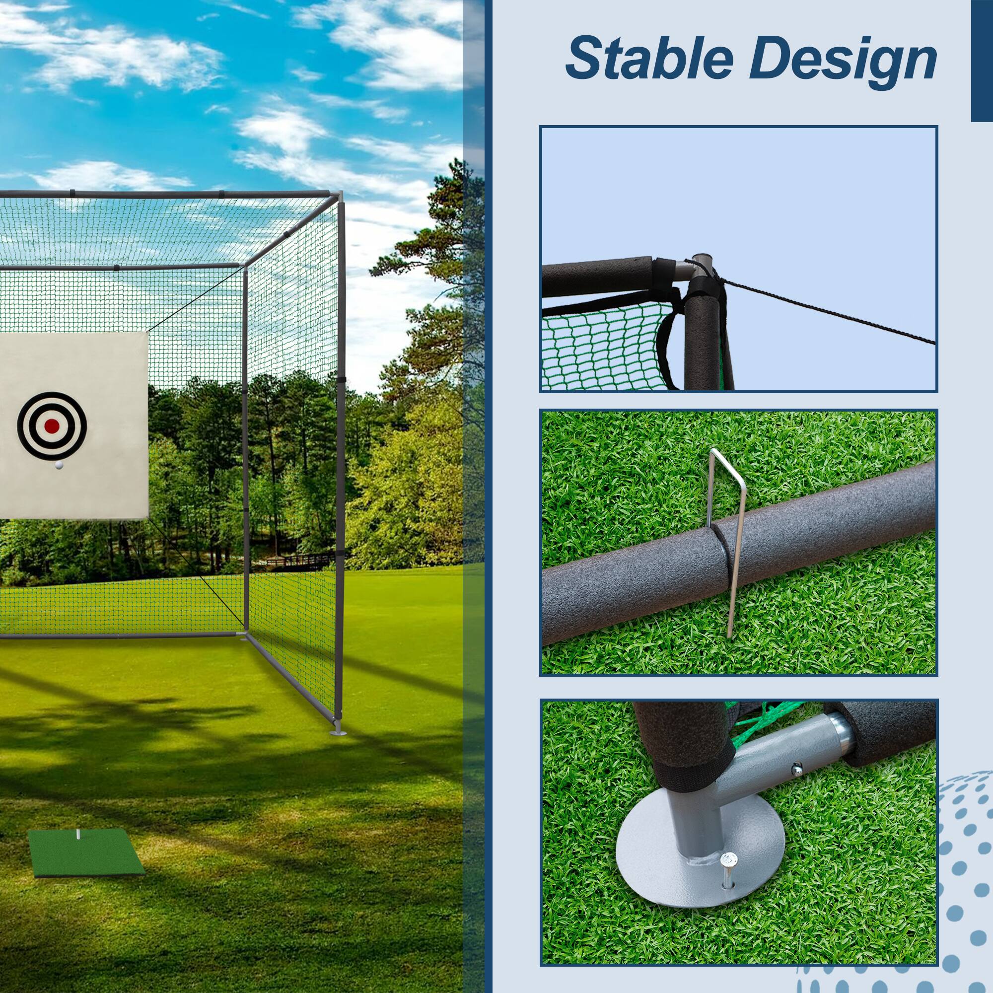 Stable Design

- The net is securely attached to the frame.
- The frame is anchored to the ground with a metal stake.
- The base of the frame is weighted for stability.