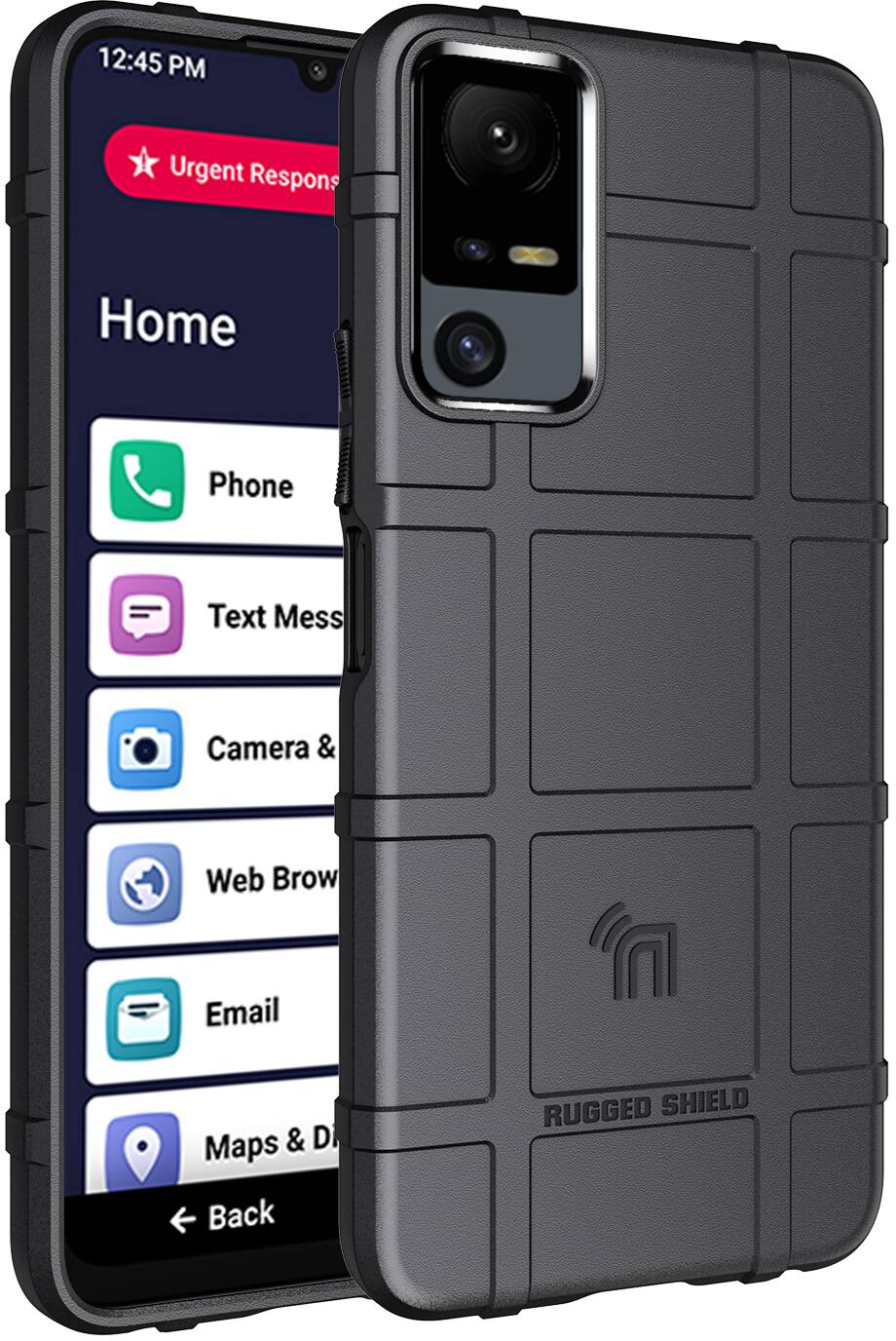 12:45 PM Urgent Response Home Phone Text Message Camera & Web Browser Email Maps & Directions Back RUGGED SHIELD