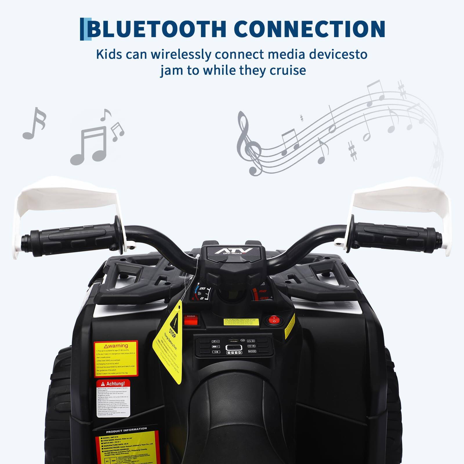 **BLUETOOTH CONNECTION**

Kids can wirelessly connect media devices to jam to while they cruise

---

**Warning**

**Achtung**

**PRODUCT INFORMATION**