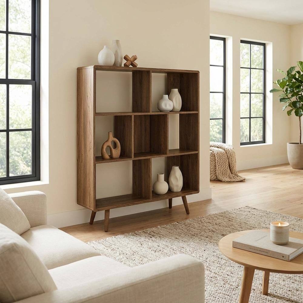 Left. FurniFact - Wood Grain Bookcase with 7 Shelves for Living Room Storage - Brown.