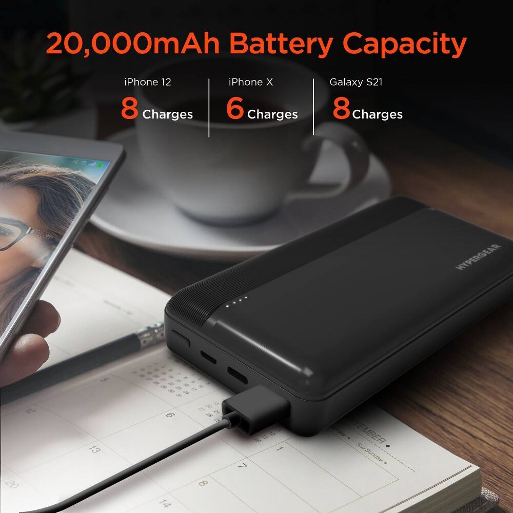 20,000mAh Battery Capacity

iPhone 12: 8 Charges
iPhone X: 6 Charges
Galaxy S21: 8 Charges

HYPERGEAR

12 20
13
at to 5 17 5 30 2 31 oz 13 6 28 21 29 8 14
7
er 12 26 1
eturday PTEMBER Su/Sunday