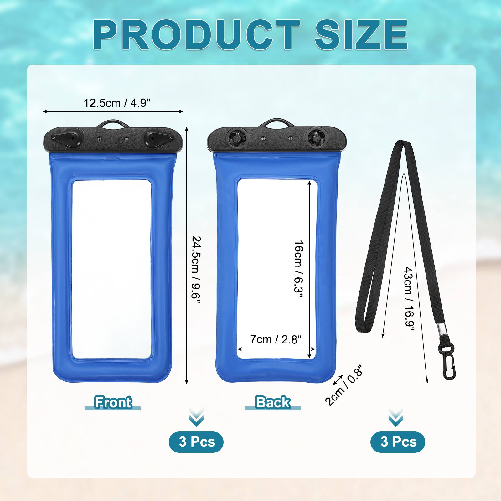 PRODUCT SIZE

Front
- 12.5cm / 4.9"
- 24.5cm / 9.6"
- 16cm / 6.3"
- 7cm / 2.8"
- 2cm / 0.8"

Back
- 2cm / 0.8"

3 Pcs

43cm / 16.9"