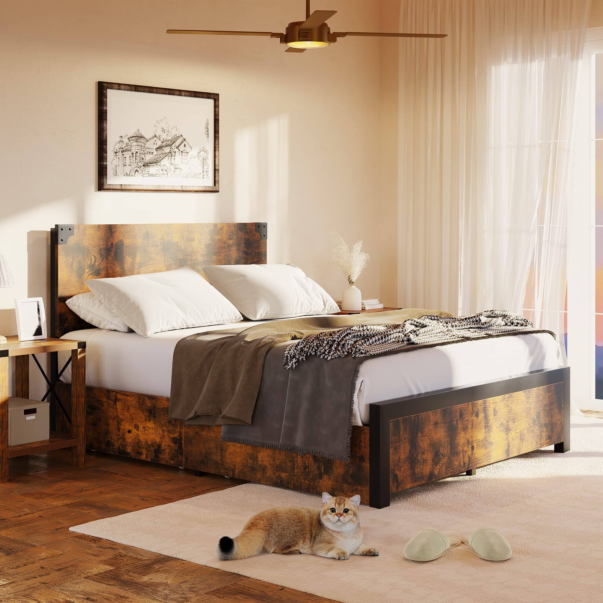 Back. Homhougo - Queen Bed Frame, Platform Full Size Bed Frame with Wood Headboard, Metal Full Bed Frame Brown - Brown.