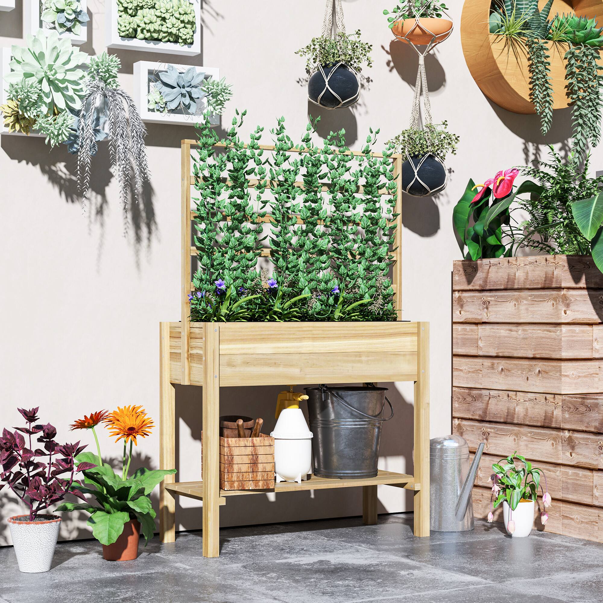 Alt View 1. Outsunny - Raised Garden Bed with Trellis, Outdoor Planter Box with Storage Shelf for Vegetables - Natural Wood.