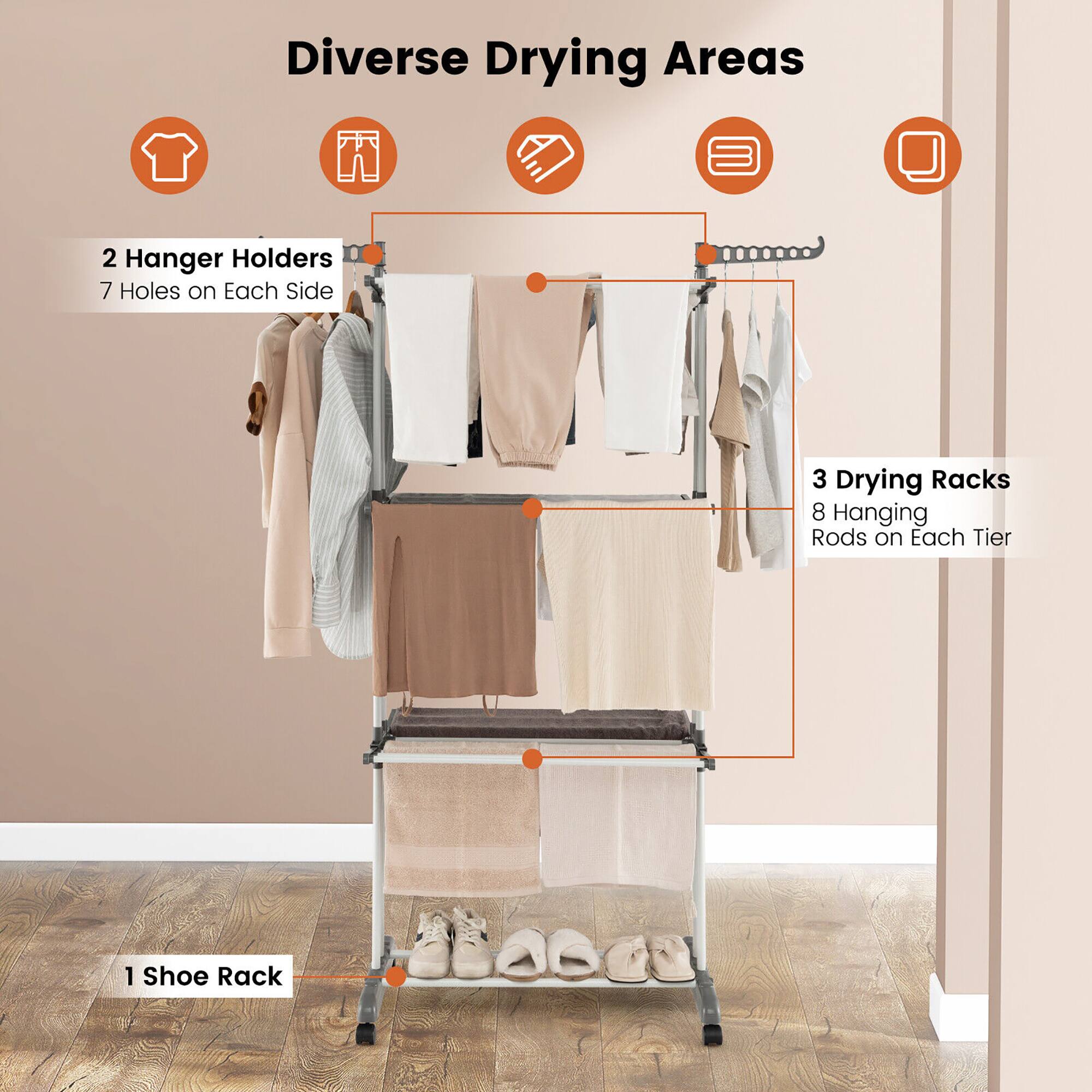 Diverse Drying Areas  
2 Hanger Holders  
7 Holes on Each Side  
3 Drying Racks  
8 Hanging Rods on Each Tier  
1 Shoe Rack