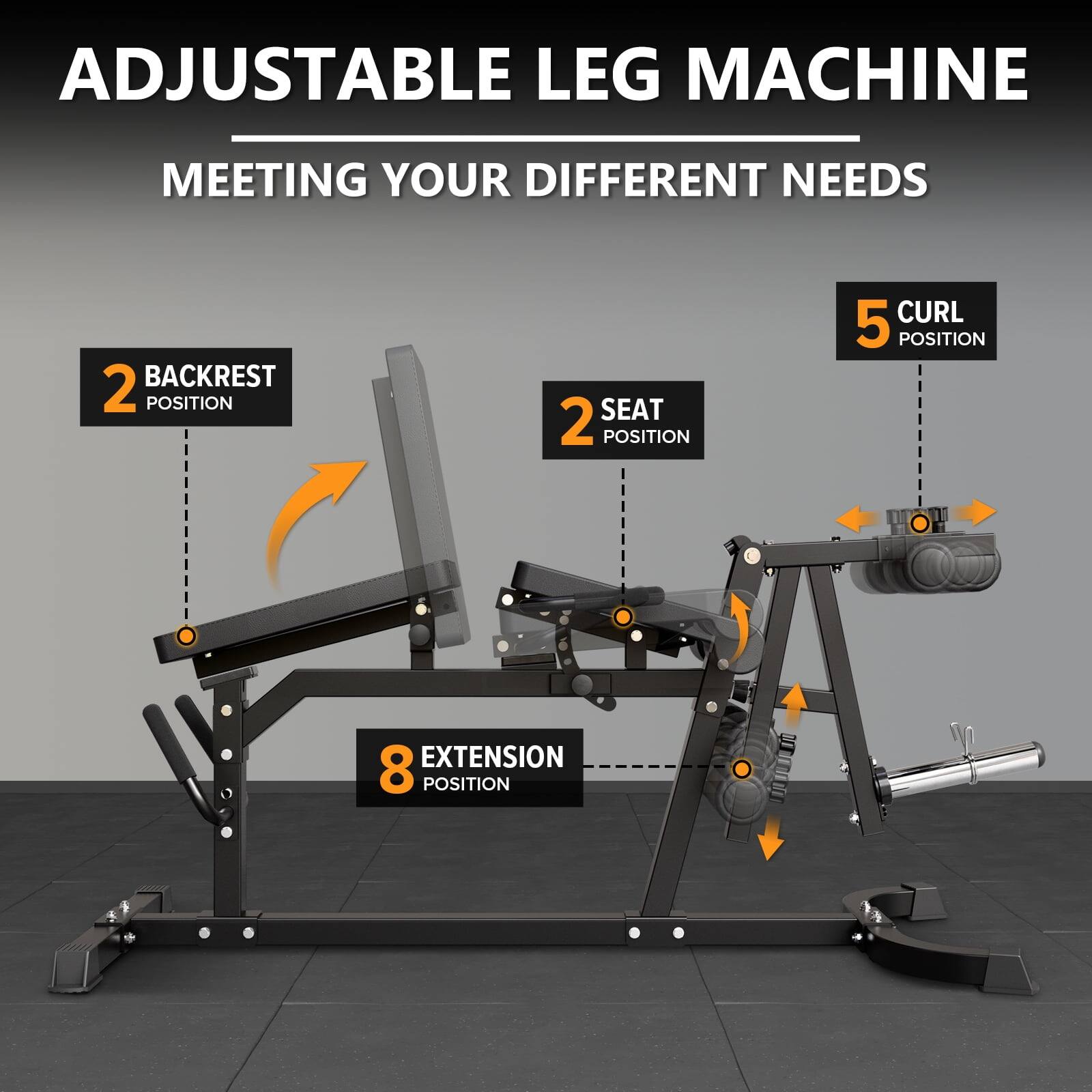 ADJUSTABLE LEG MACHINE MEETING YOUR DIFFERENT NEEDS
BACKREST POSITION
SEAT POSITION
CURL POSITION
EXTENSION POSITION