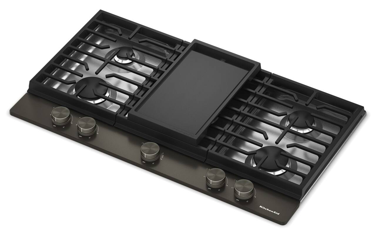 Left. KitchenAid - 36 in. Wide 5 burners Gas Cooktop with   Integrated Wok Grate - Black Ore.