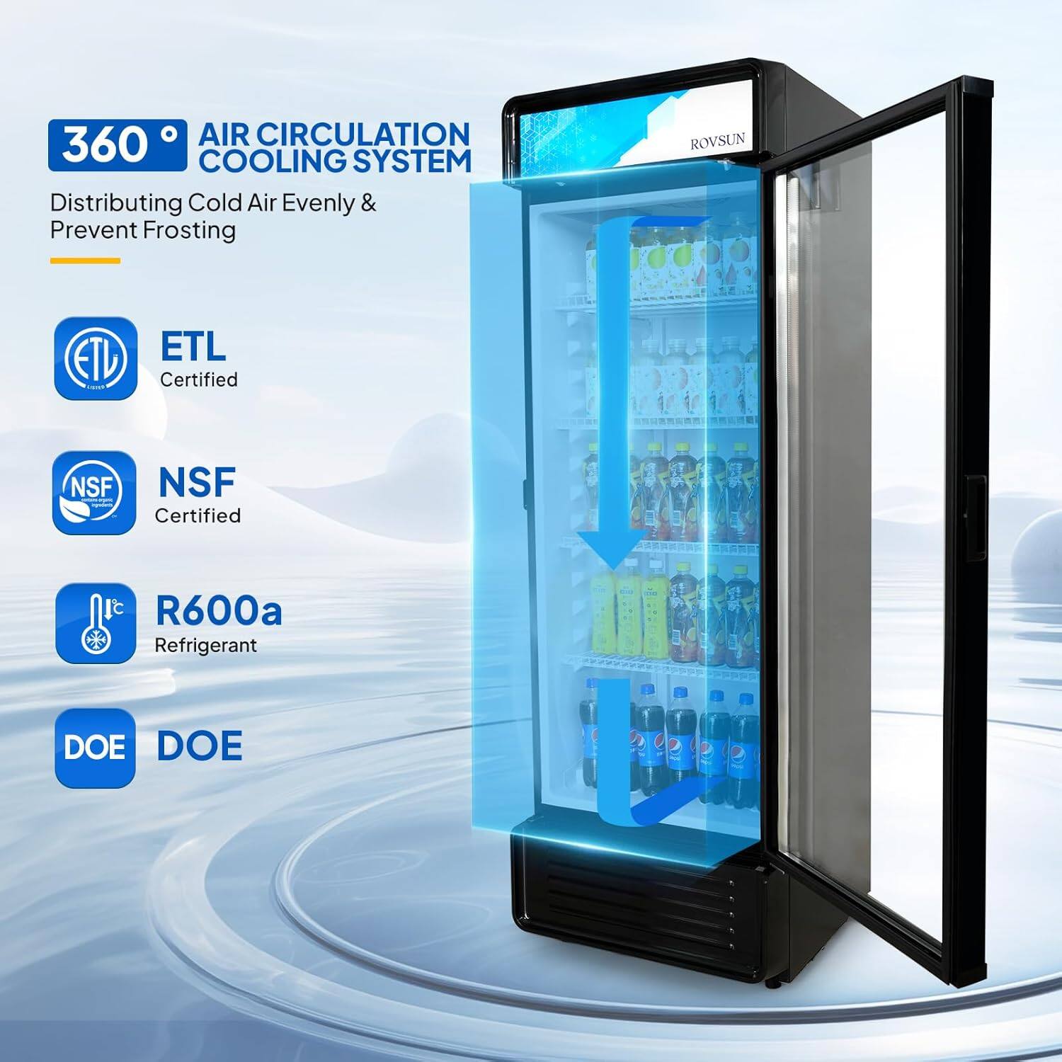 360° AIR CIRCULATION COOLING SYSTEM  
Distributing Cold Air Evenly & Prevent Frosting  

ROVSUN  
ETL - ETL Certified  
NSF - NSF Certified  
R600a Refrigerant  
DOE - DOE