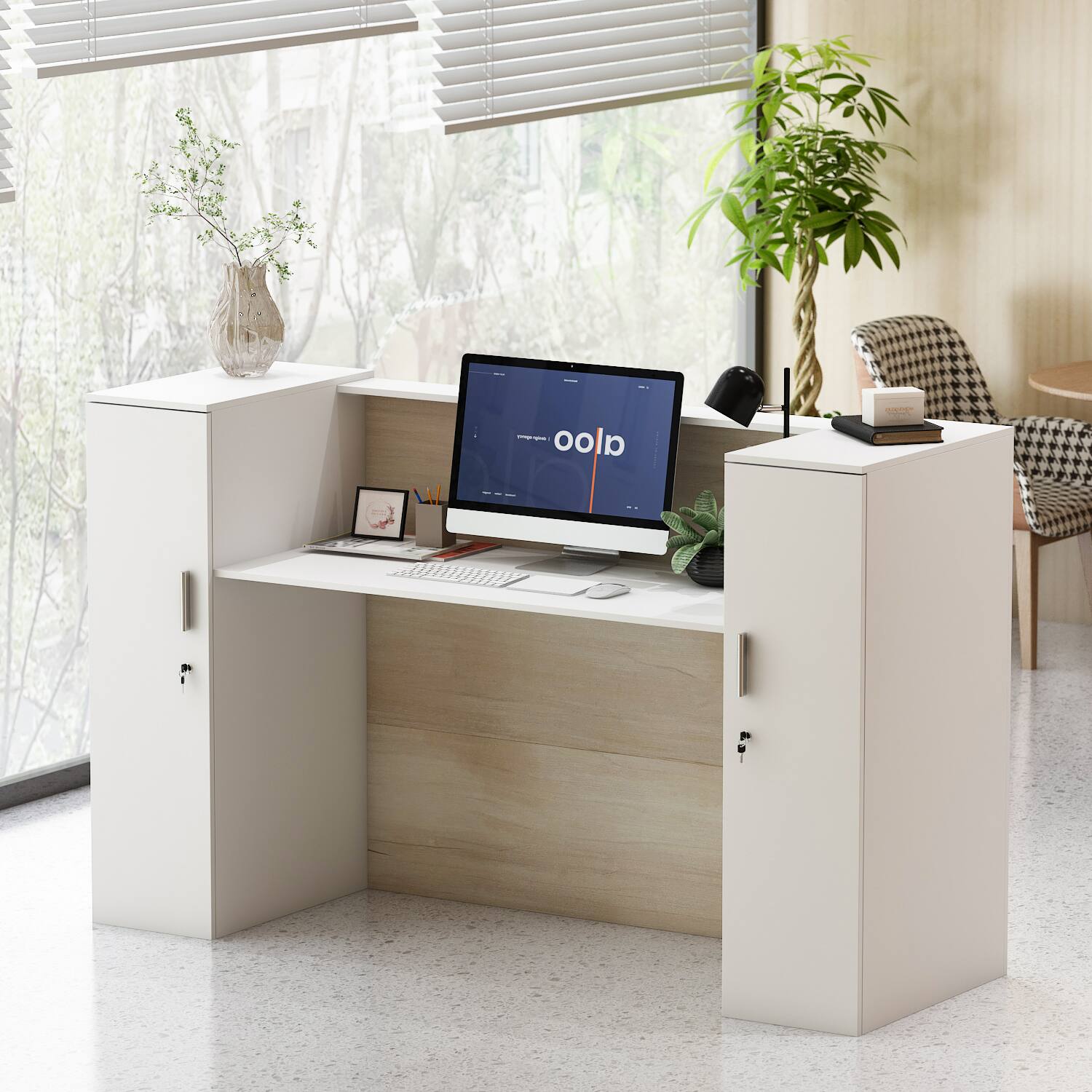 Alt View 6. Famapy - Famapy Modern Reception Desk: Modular, Lockable & Organized Office Front Desk - White & Wooden.