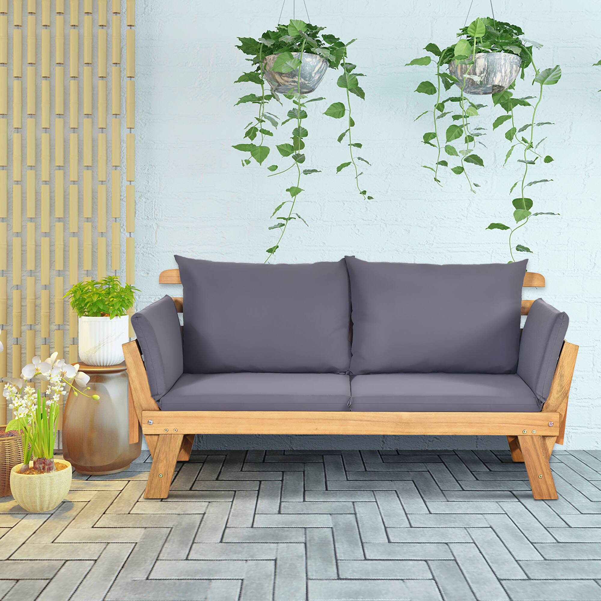 Front. Gymax - Gymax Adjustable Patio Sofa Daybed Acacia Wood Furniture w/ Cushion Pillow - Grey.