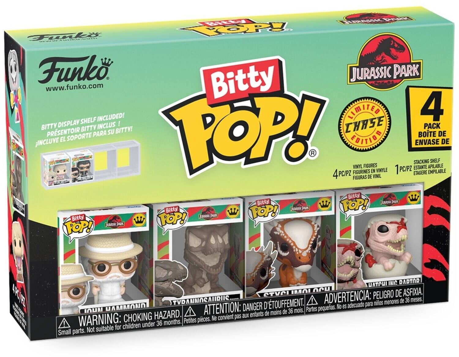 Funko  
www.funko.com  

Bitty POP!  
Jurassic Park  

BITTY DISPLAY SHELF INCLUDED!  
PRESENTOIR BITTY INCLUS!  
¡INCLUYE EL SOPORTE PARA SU BITTY!  

LIMITED EDITION  
4 PACK  
BOITE DE 4  

VINYL FIGURES  
FIGURINES EN VINYLE  
FIGURAS DE VINIL  

1 PC/PZ  
4 PC/PZ  

WARNING: CHOKING HAZARD.  
Small parts. Not suitable for children under 36 months.  
ADVERTENCIA: PELIGRO DE ASFIXIA.  
Petites pièces. Ne convient pas aux enfants de moins de 36 mois.