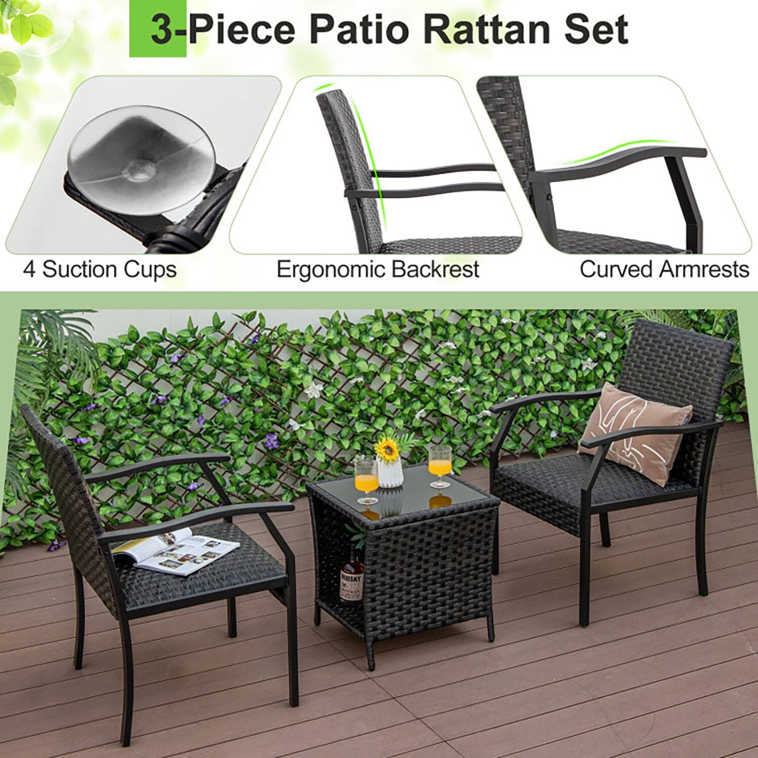 3-Piece Patio Rattan Set

4 Suction Cups
Ergonomic Backrest
Curved Armrests