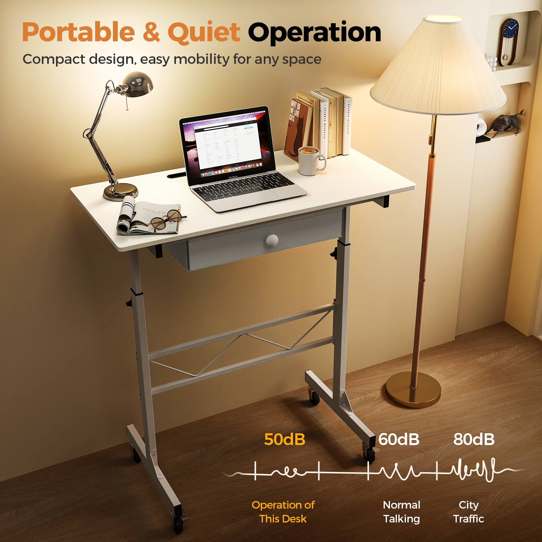 Portable & Quiet Operation
Compact design, easy mobility for any space

Operation of This Desk
50dB
60dB
80dB
Normal Talking
City Traffic