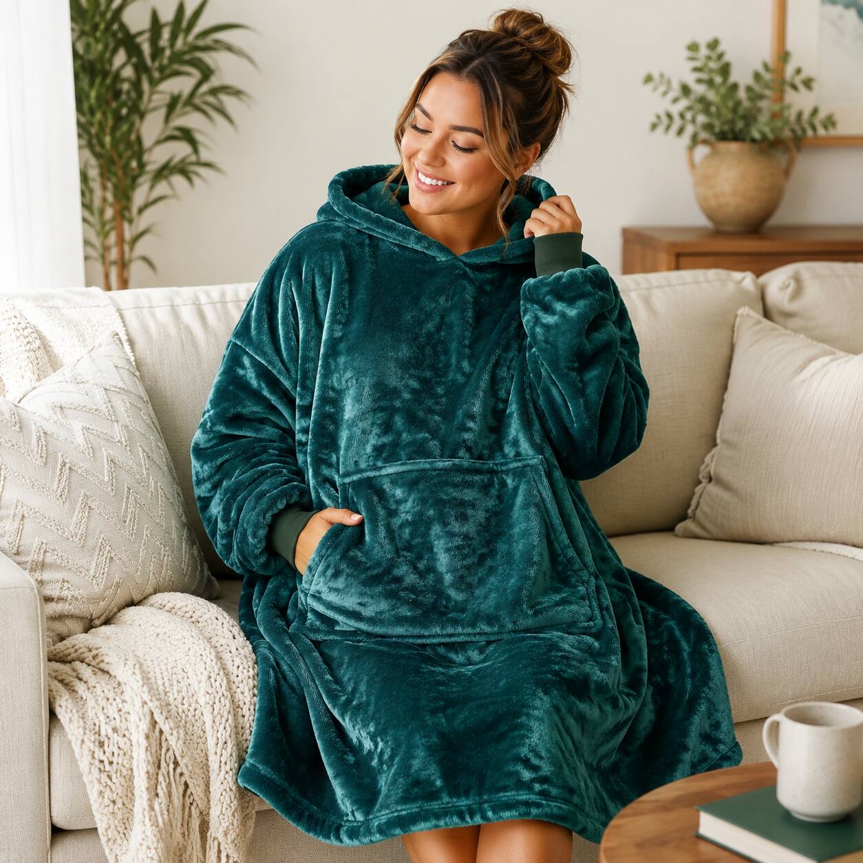 Alt View 1. Oumilen - Large Wearable Blanket Hoodie for Adults, Green Oversized Flannel Hooded Sweatshirt Blanket with Big Pocket 47.2in - Green.