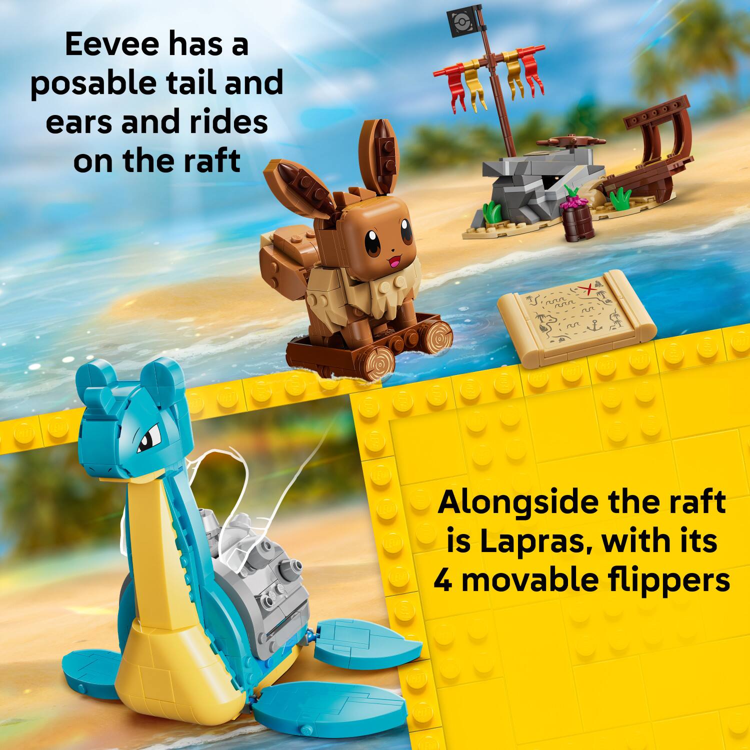 Eevee has a posable tail and ears and rides on the raft. Alongside the raft is Lapras, with its 4 movable flippers.