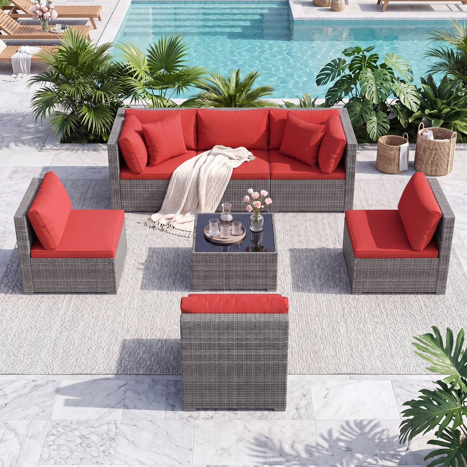 Alt View 4. Costway - Costway 7PCS Patio Furniture Set with Tempered Glass Coffee Table, Soft Pillows & Cushions - Mix Gray+Red.