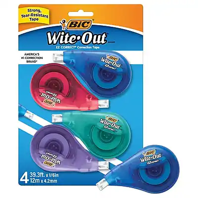 Sure, here is the corrected and grouped text from the image:
---
**Strong, Tear-Resistant Tape**
**BIC Wite-Out EZ Correct Correction Tape**
**AMERICA'S #1 CORRECTION BRAND**
**4 Wite-Out EZ Correct Correction Tapes**
**39.3ft. x 1/6in**
**12m x 4.2mm**
---
**Wite-Out EZ Correct Correction Tape**
**Strong, Tear-Resistant Tape**
---
**BIC Wite-Out**
**EZ Correct**
**Correction Tape**
---
**BIC Wite-Out**
**EZ Correct**
**Correction Tape**
---
**BIC Wite-Out**
**EZ Correct**
**Correction Tape**
---
**BIC Wite-Out**
**EZ Correct**
**Correction Tape**
---