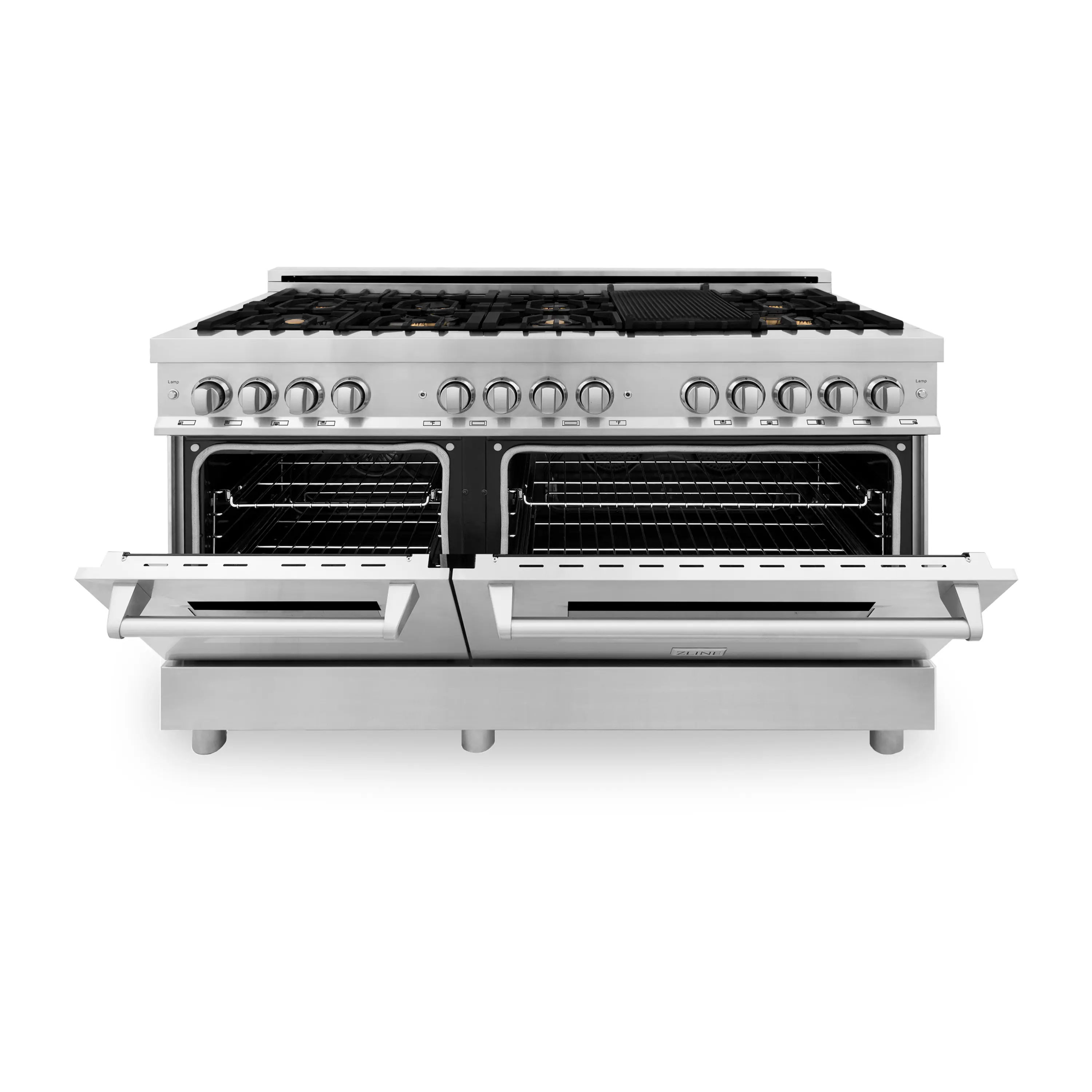 Angle. ZLINE - 60" Legacy Dual Fuel Range w/ Gas Cooktop & 2 Electric Ovens w/ 8 Brass Burners (RA-BR-60) - Stainless steel look.