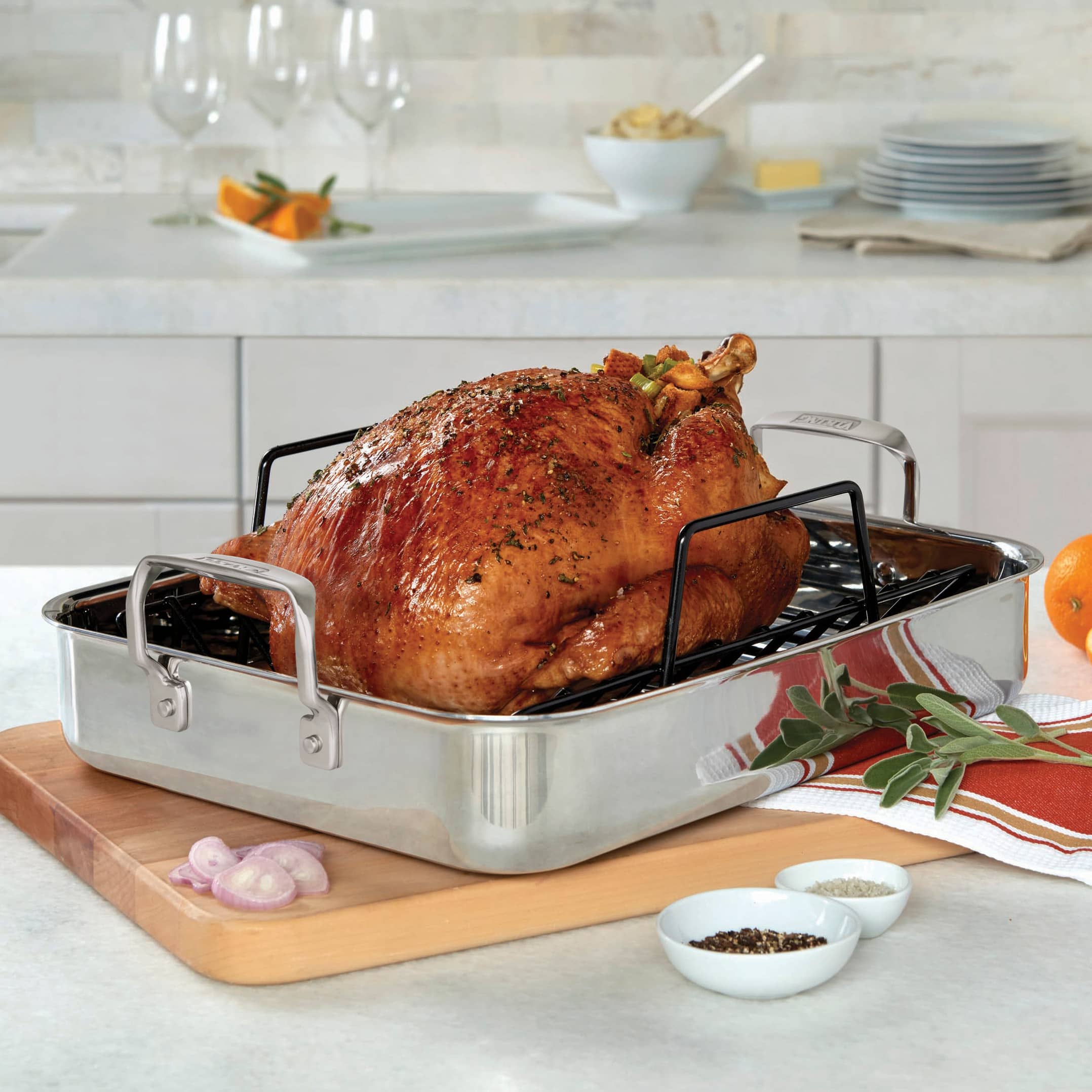 Left. Viking - 3-Ply Stainless Steel Roasting Pan with Rack and Bonus Thermometer - Silver.